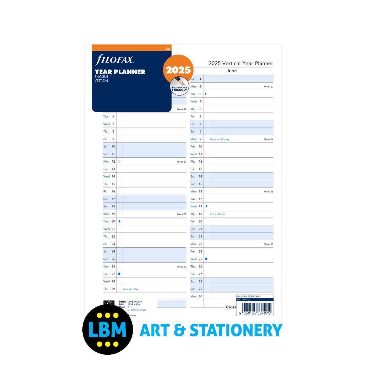 Filofax - 2025 A4 size Year Planner Vertical layout Diary Refill 25-68702 - LBM Art & Stationery Store