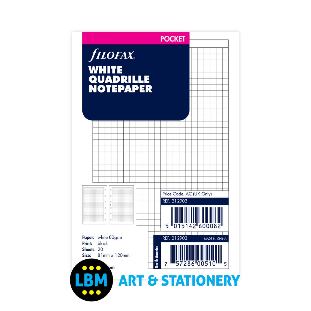 Filofax - White Quadrille Squared Notepaper Refill - Pocket Organiser - 212903