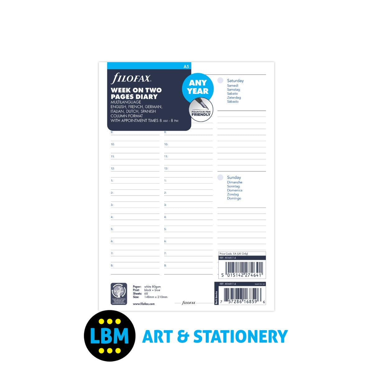 Filofax - Any Year Week On Two Pages Multi Language Diary Refill - A5 Organiser - AY-68514