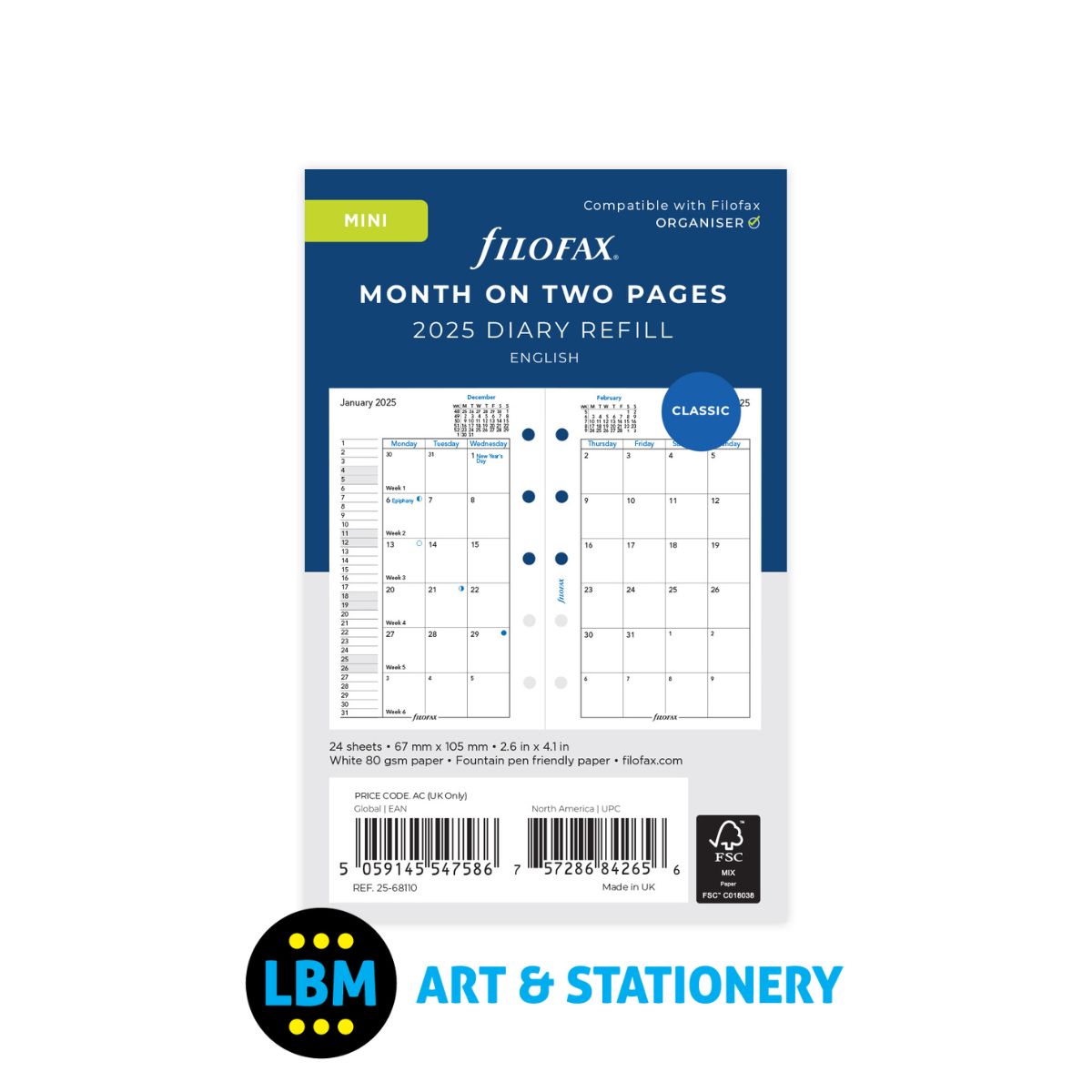 2025 Mini Diary Refill Month On Two Pages Organiser Insert 25-68110