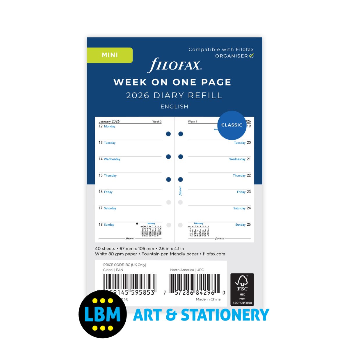 Filofax - 2026 Week On One Page Mini Diary Refill - Mini Organiser - 26-68126