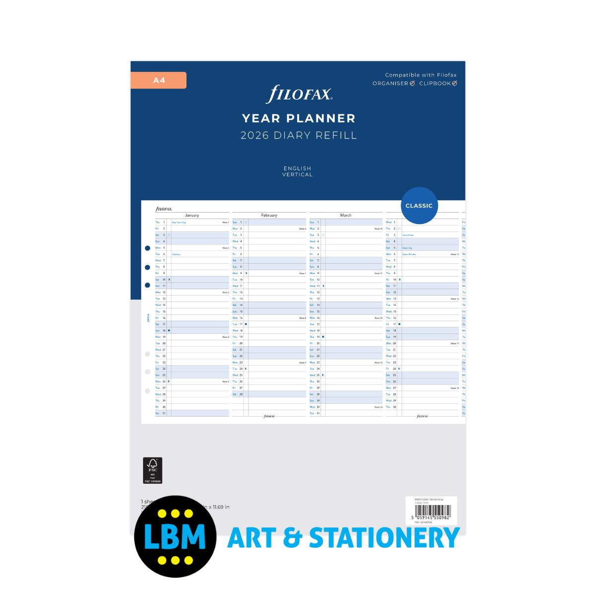 Filofax - 2026 Year Planner Vertical Layout Diary Refill - A4 Organiser - 26-68702