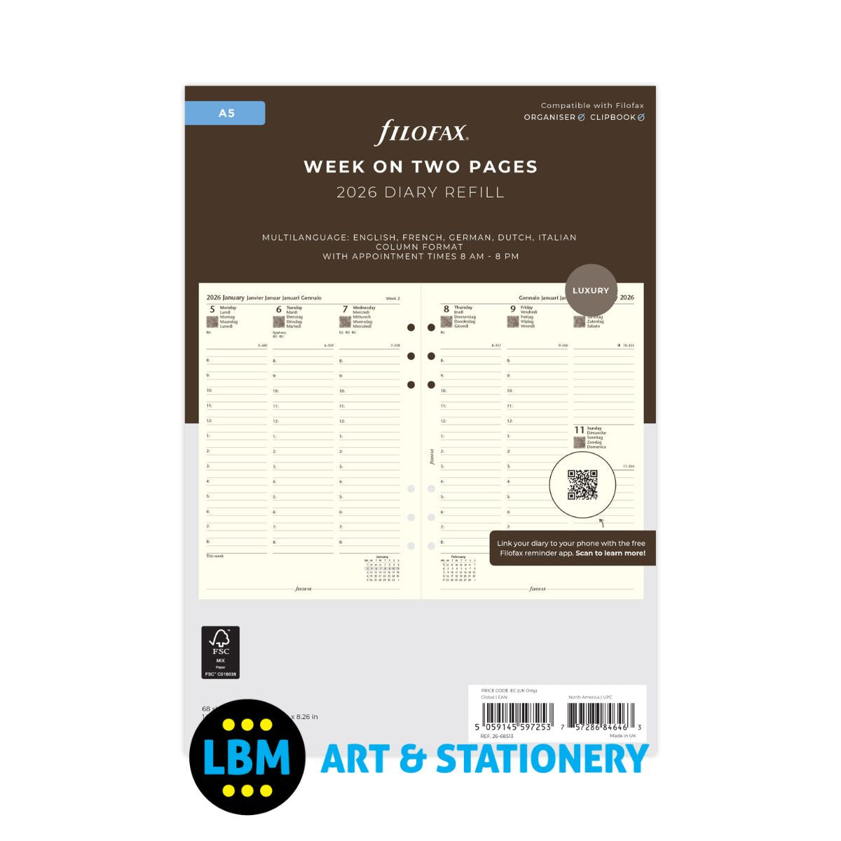 Filofax - 2026 Week On Two Pages Cotton Cream Diary Refill - A5 Organiser - 26-68513