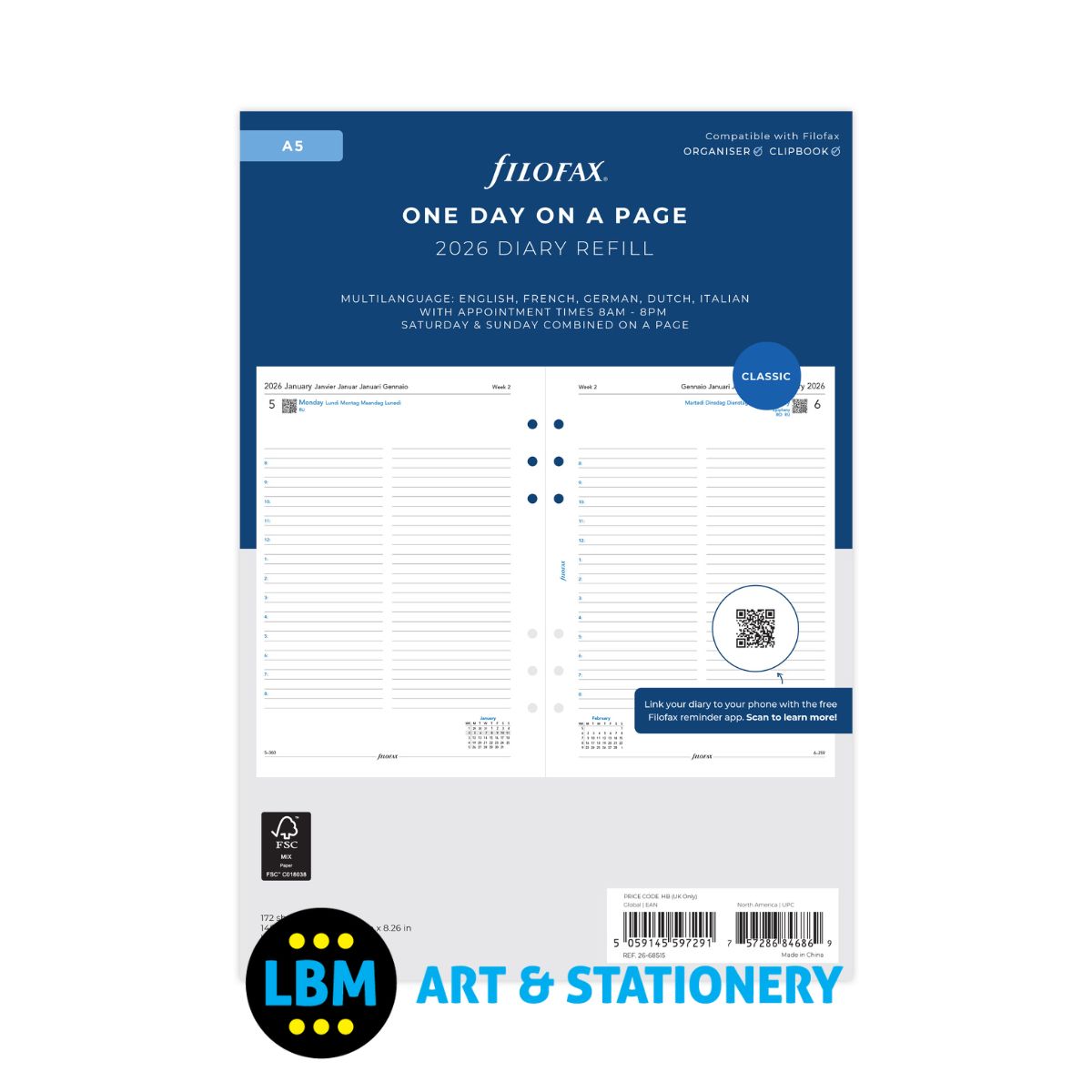 Filofax - 2026 One Day On A Page Appointments Diary Refill - A5 Organiser - 26-68515