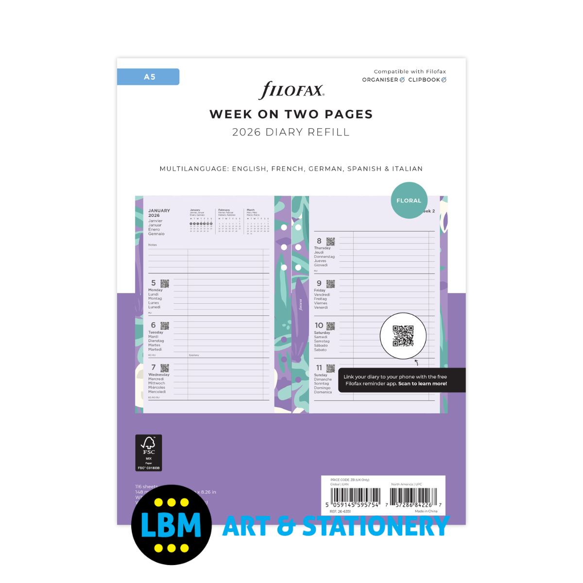 Filofax - 2026 Week On Two Pages Illustrated Floral Diary Refill - A5 Organiser - 26-6351