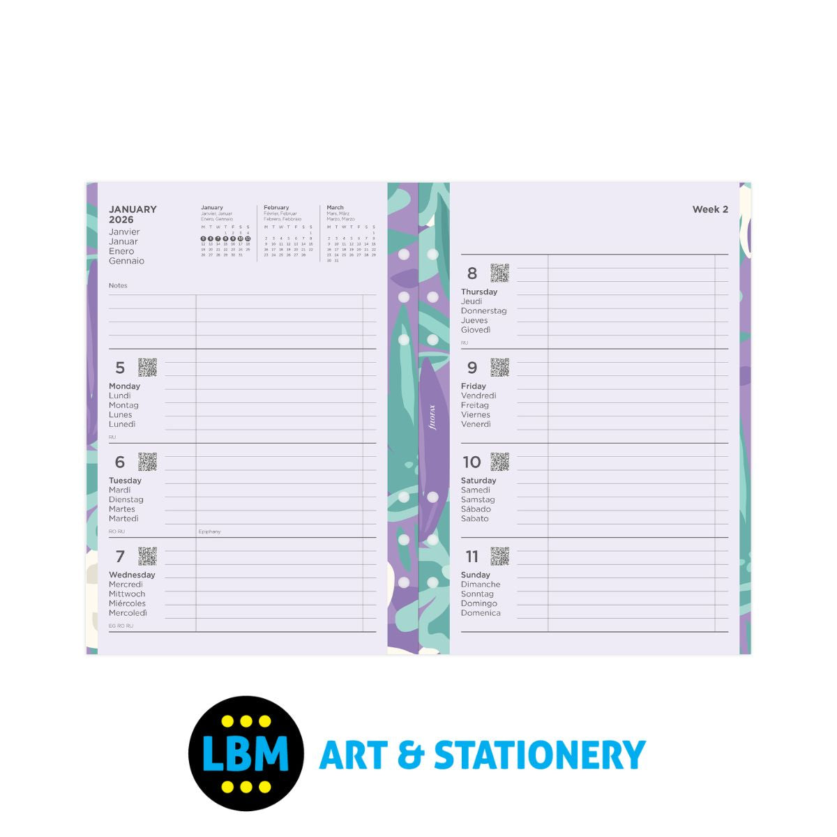 Filofax - 2026 Week On Two Pages Illustrated Floral Diary Refill - A5 Organiser - 26-6351