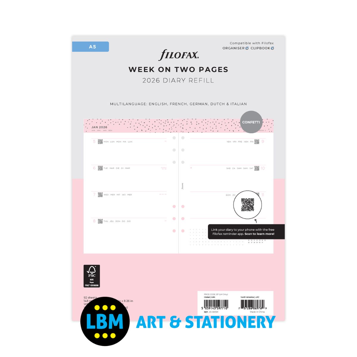Filofax - 2026 Week On Two Pages Confetti Diary Refill - A5 Organiser - 26-68591