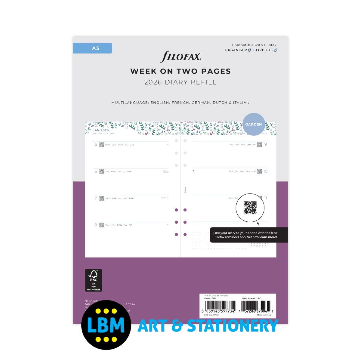 Filofax - 2026 Week On Two Pages Garden Diary Refill - A5 Organiser - 26-68592