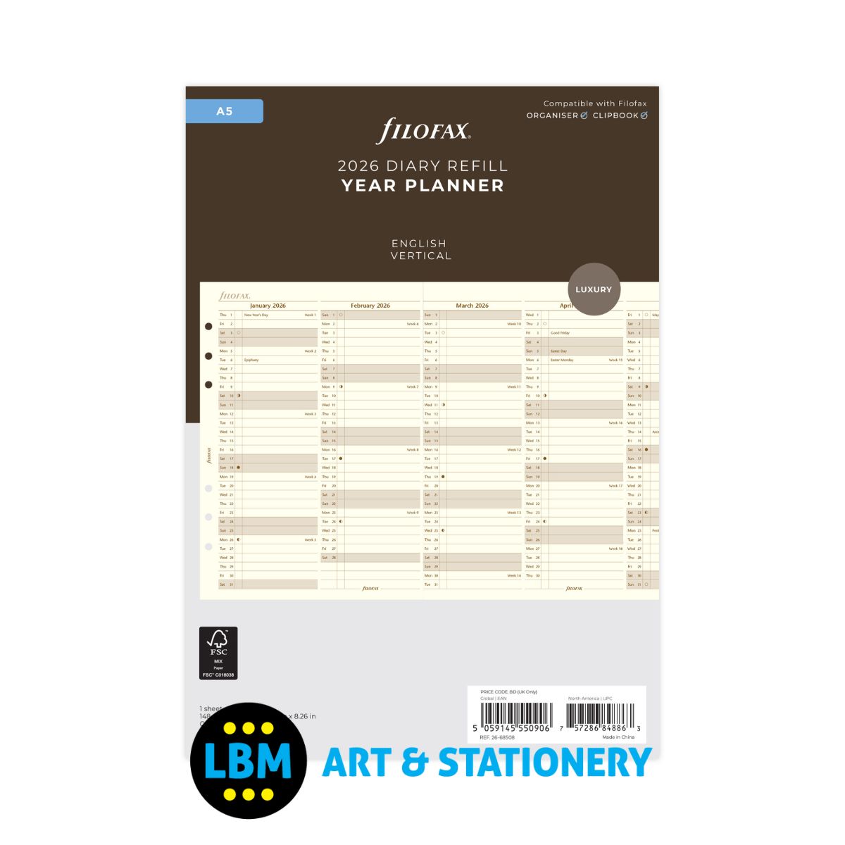 Filofax - 2026 Year Planner Vertical Layout Cotton Cream Diary Refill - A5 Organiser - 26-68508