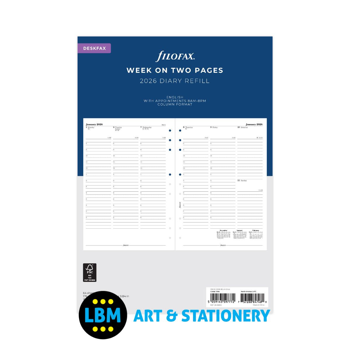 Filofax - 2026 Week On Two Pages Diary Refill - Deskfax Organiser - 26-68612