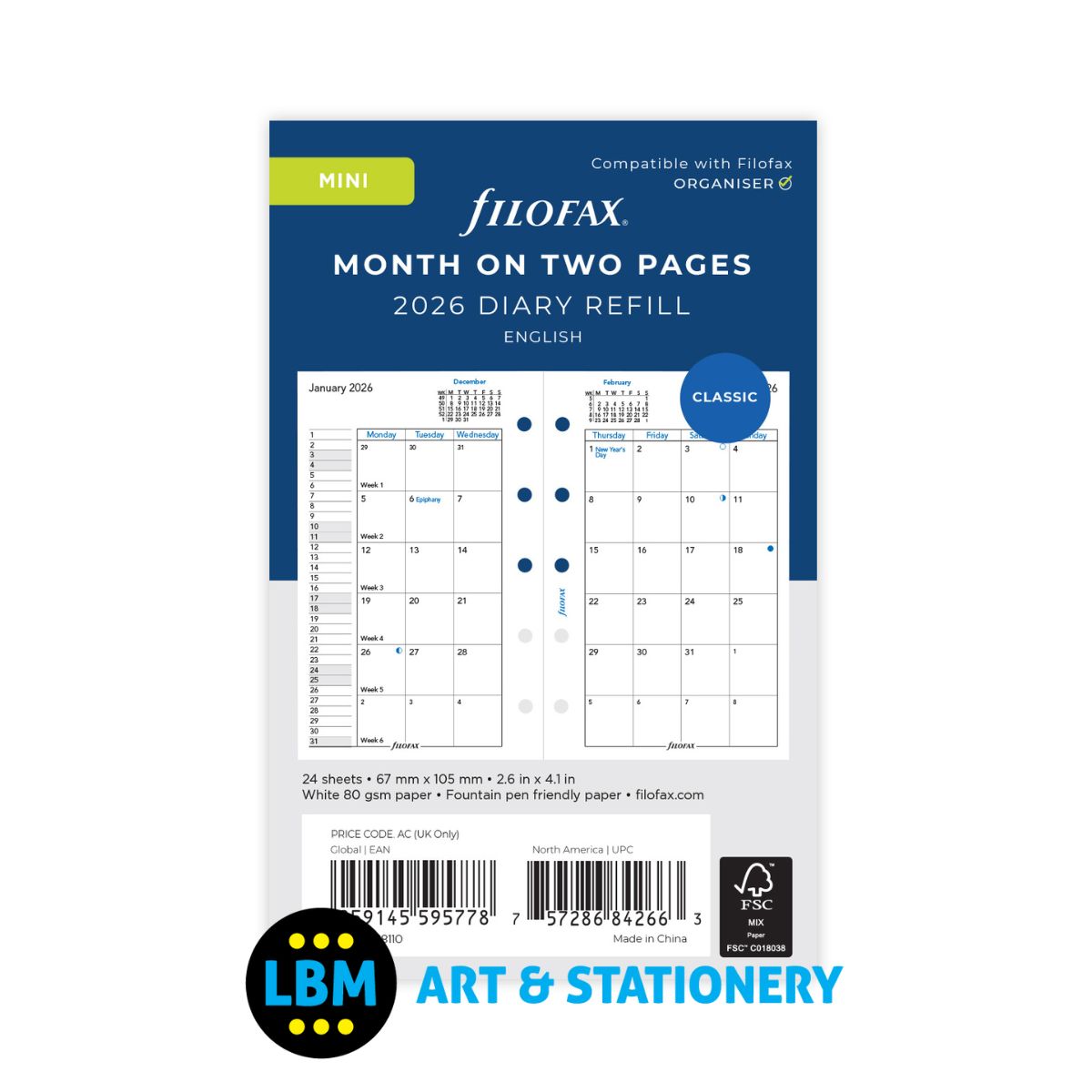 Filofax - 2026 Month On Two Pages Mini Diary Refill - Mini Organiser - 26-68110