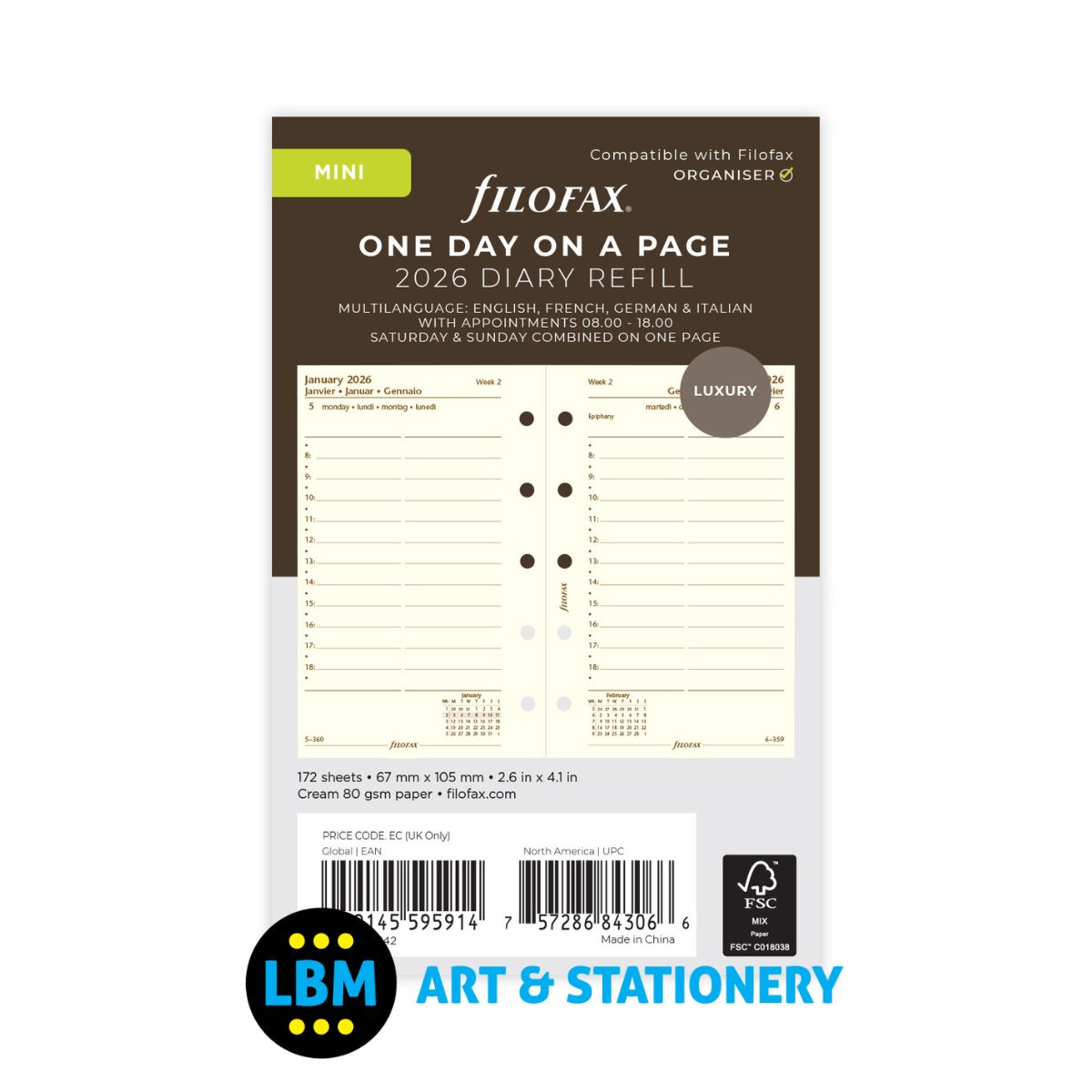 Filofax - 2026 One Day On A Page Cotton Cream Diary Refill - Mini Organiser - 26-68142