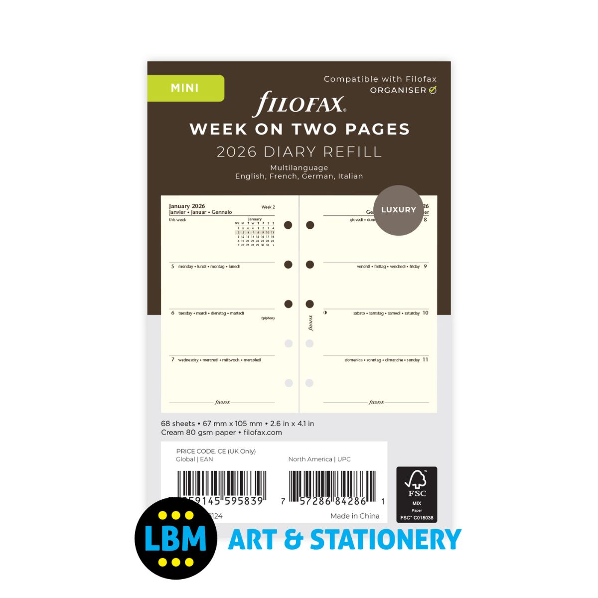 Filofax - 2026 Week On Two Pages Cotton Cream Diary Refill - Mini Organiser - 26-68124