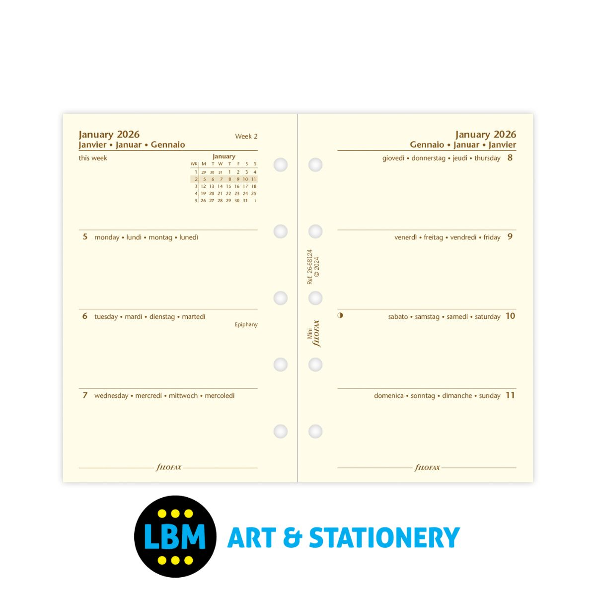 Filofax - 2026 Week On Two Pages Cotton Cream Diary Refill - Mini Organiser - 26-68124
