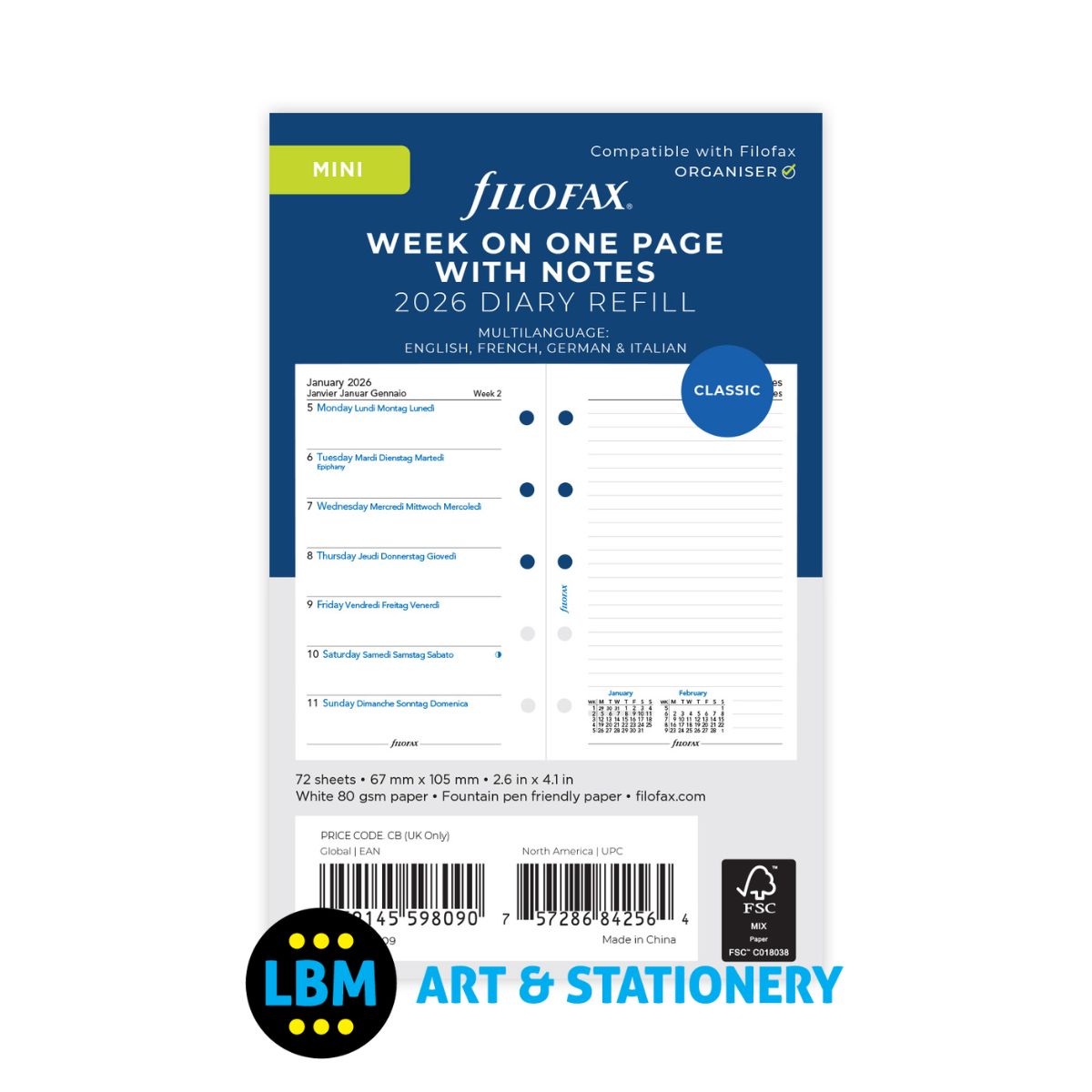 Filofax - 2026  Week Per Page Diary with Notes Refill - Mini Organiser - 26-68109