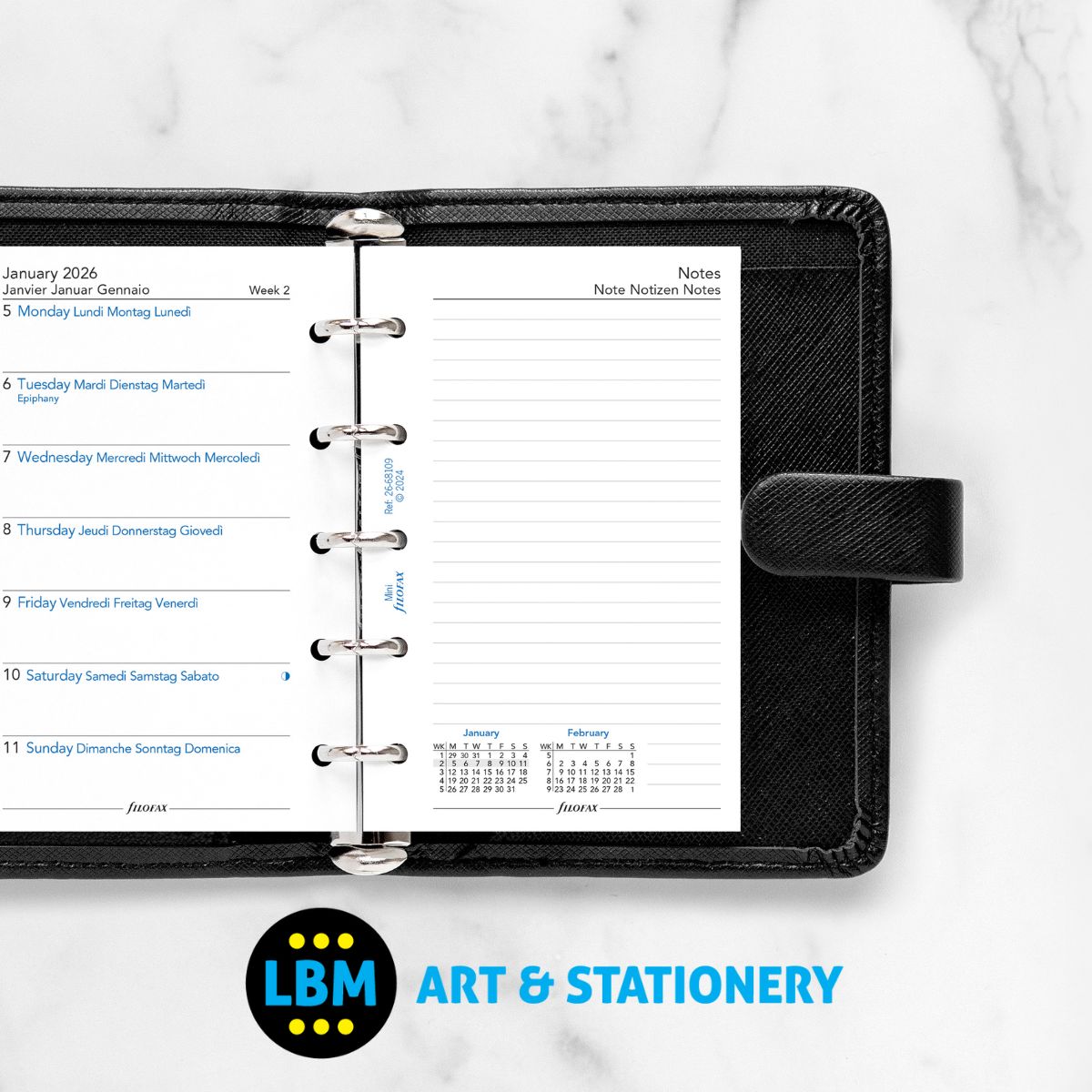 Filofax - 2026  Week Per Page Diary with Notes Refill - Mini Organiser - 26-68109