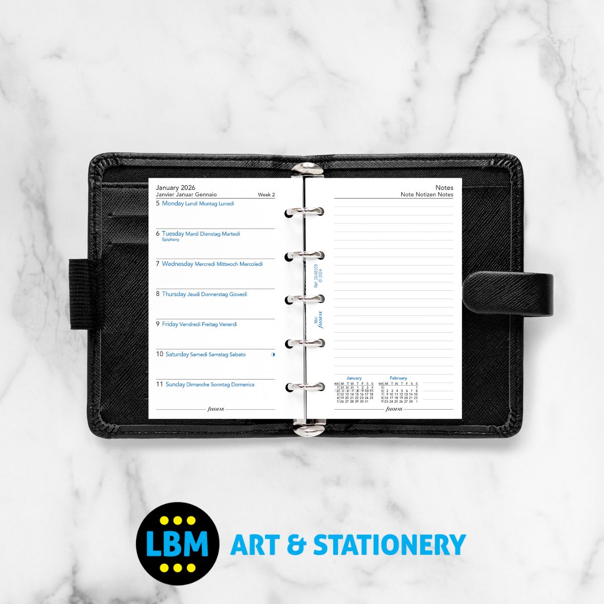 Filofax - 2026  Week Per Page Diary with Notes Refill - Mini Organiser - 26-68109