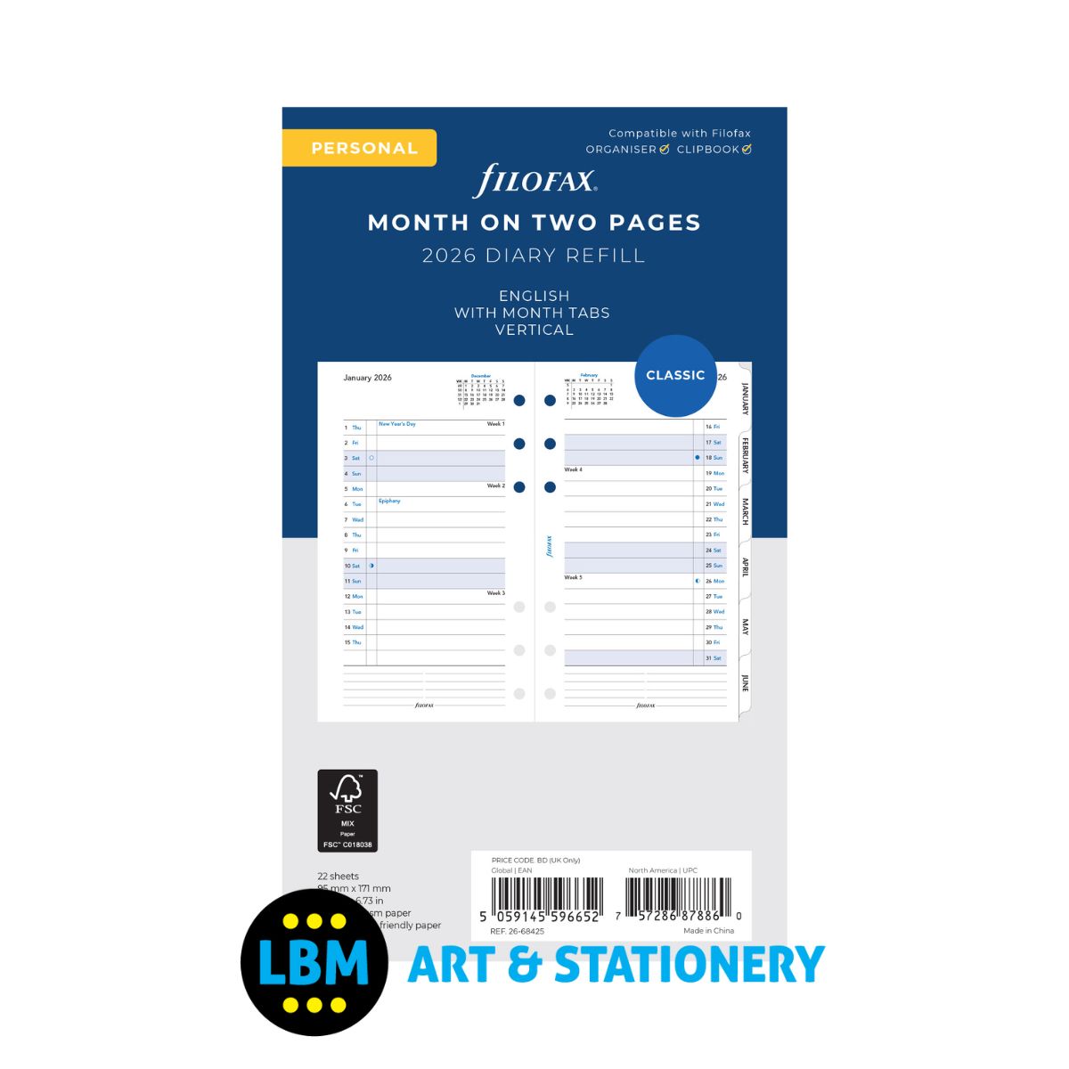 Filofax - 2026 Month On Two Pages with Month Tabs Diary Refill - Personal - 26-68425
