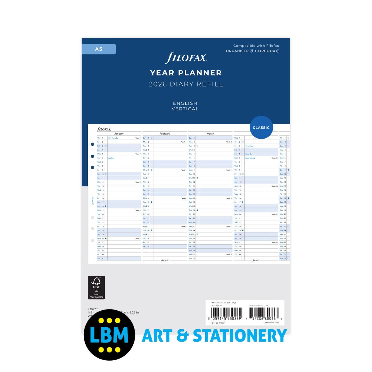Filofax - 2026 Year Planner Vertical Layout Diary Refill - A5 Organiser - 26-68501