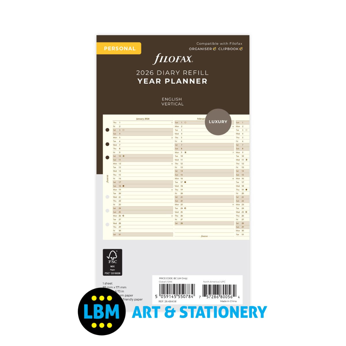 Filofax - 2026 Year Planner Vertical Layout Cotton Cream - Personal Organiser - 26-68408