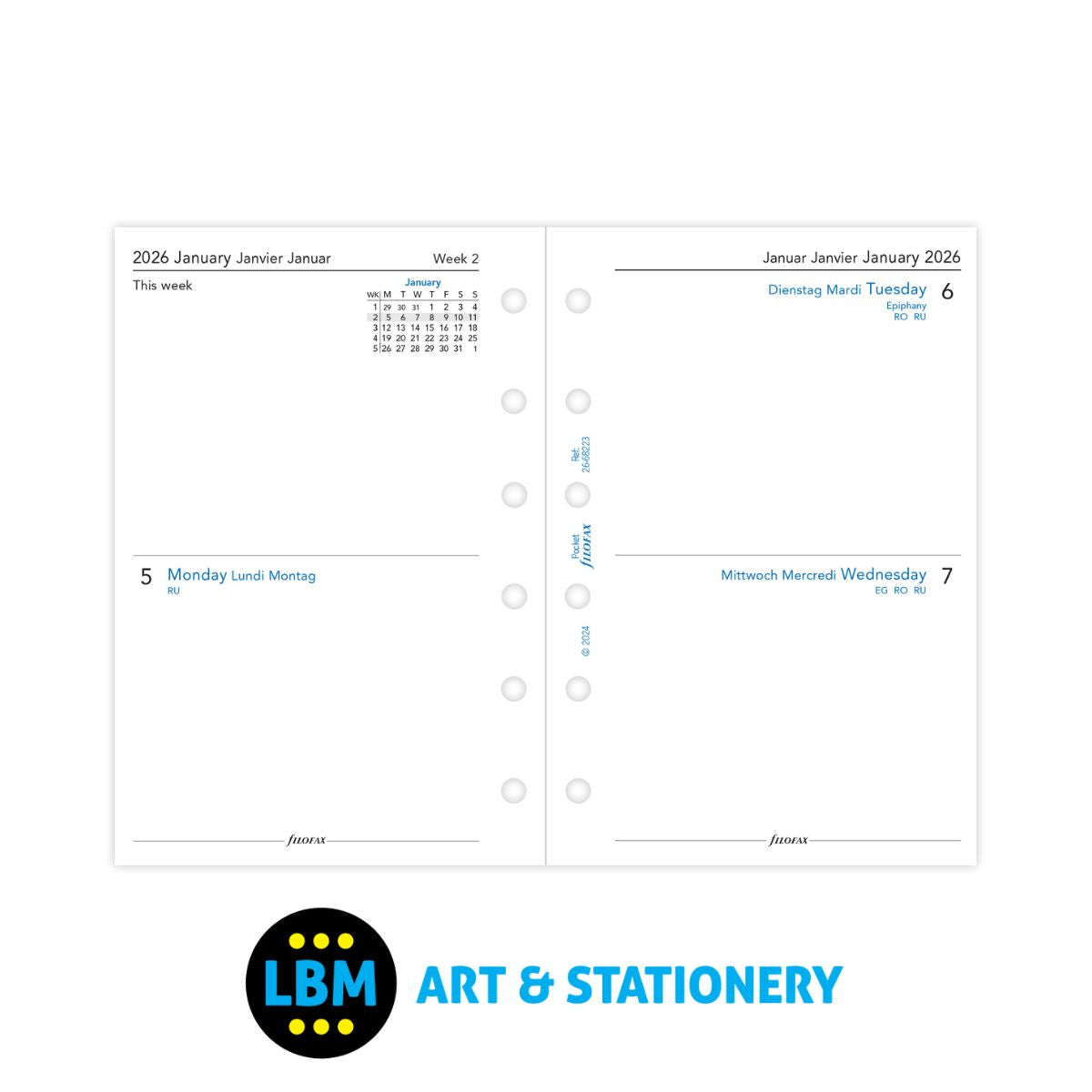 Filofax - 2026 Two Days On One Page Diary Refill - Pocket Organiser - 26-68223