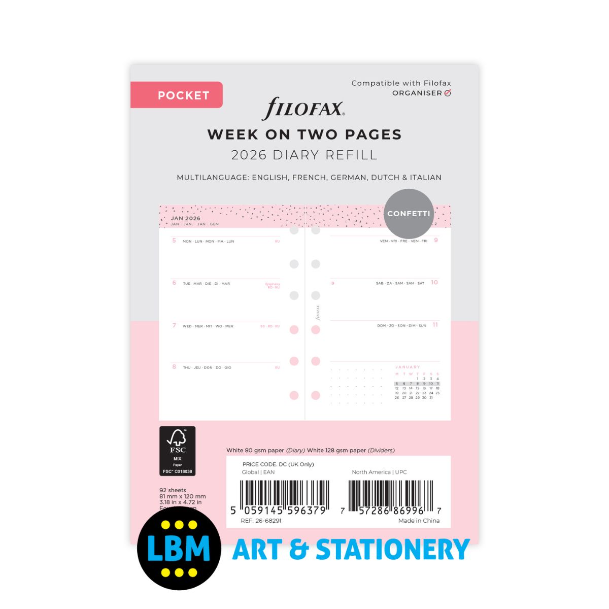 Filofax - 2026 Week On Two Pages Confetti Design Diary Refill - Pocket Organiser - 26-68291