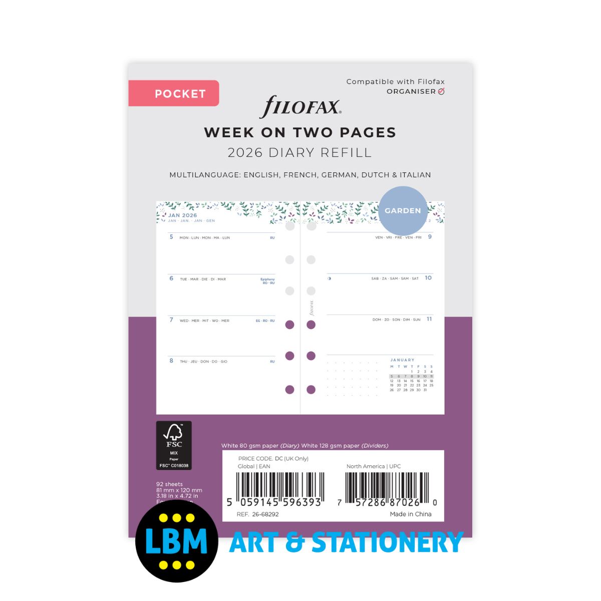 Filofax - 2026 Week On Two Pages Garden Design Diary Refill - Pocket Organiser - 26-68292