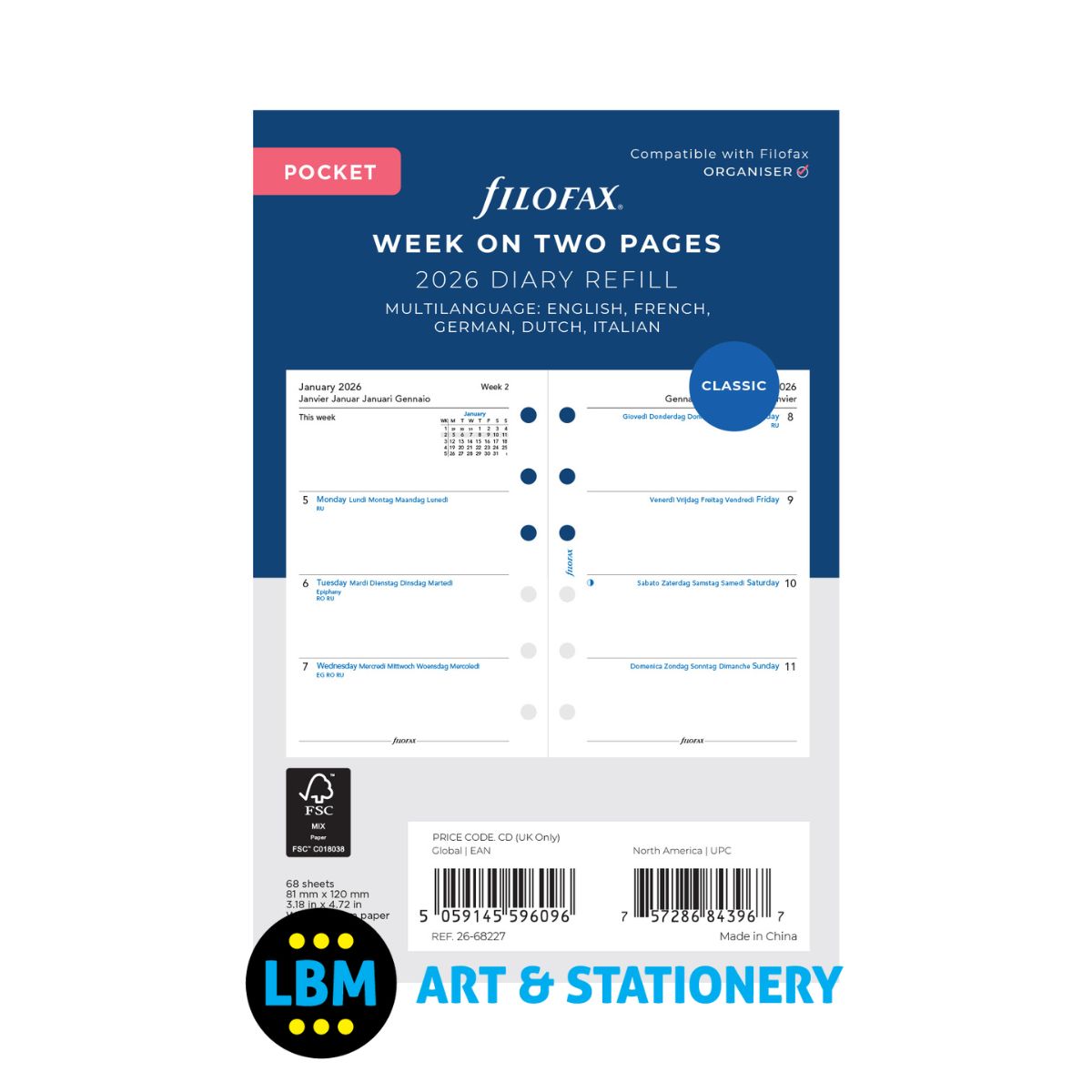 Filofax - 2026 Week On Two Pages Multi Language Diary Refill - Pocket Organiser - 26-68227