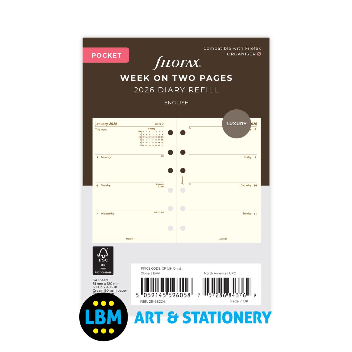 Filofax - 2026 Week On Two Pages Cotton Cream Diary Refill - Pocket Organiser - 26-68224