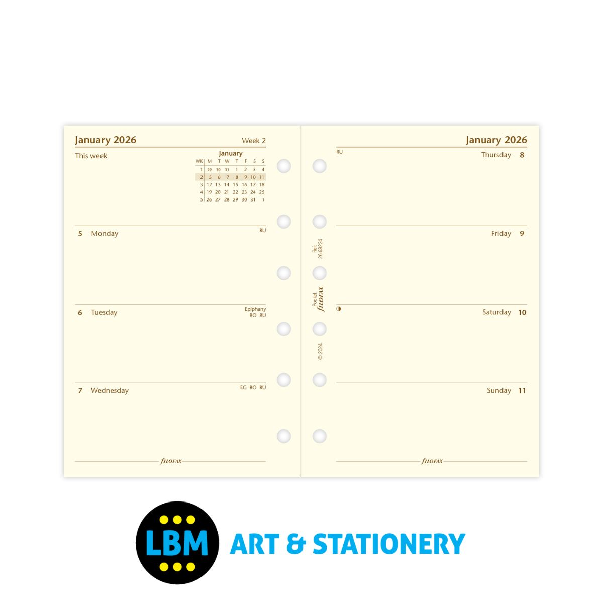 Filofax - 2026 Week On Two Pages Cotton Cream Diary Refill - Pocket Organiser - 26-68224