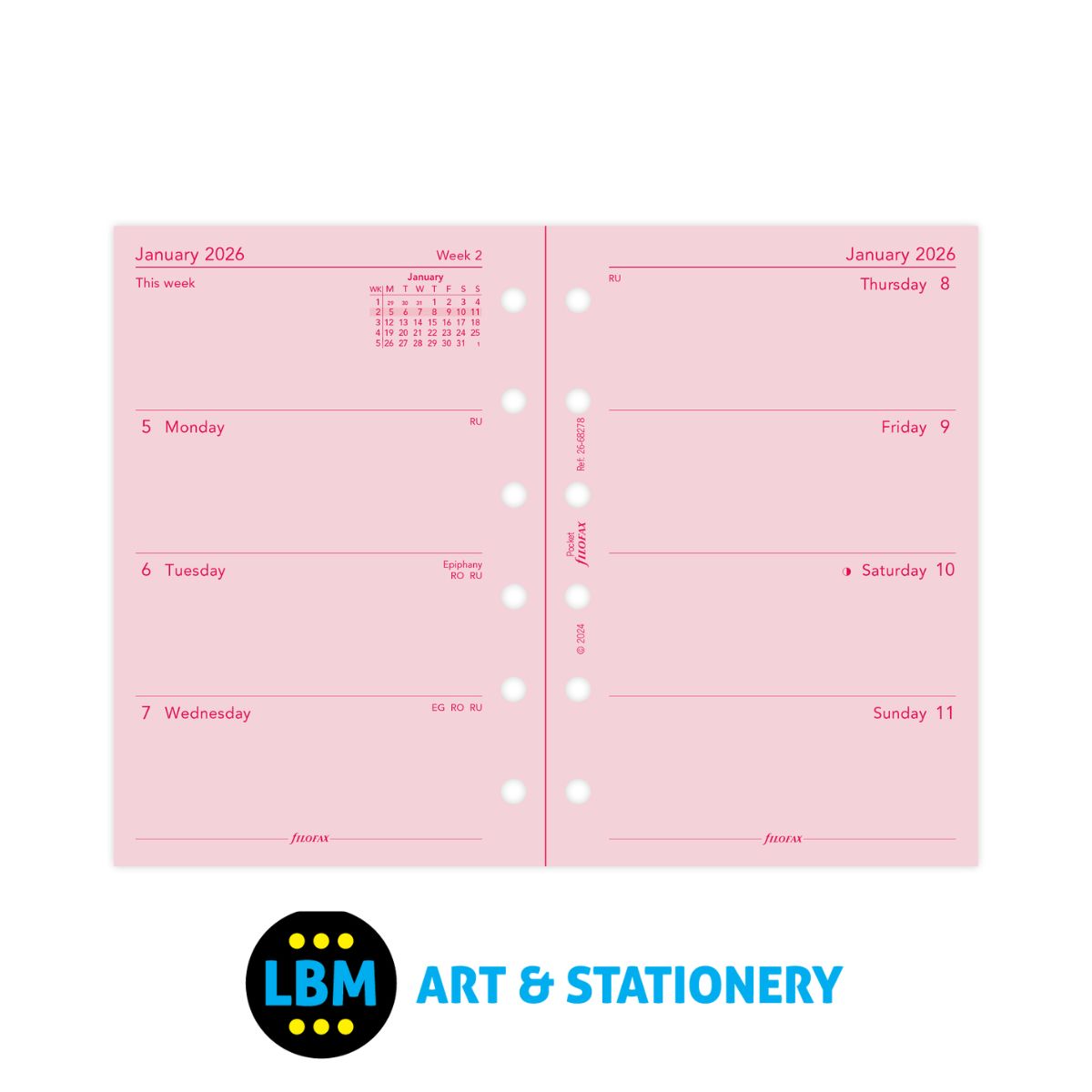 Filofax - 2026 Week On Two Pages Pink Diary Refill - Pocket Organiser - 26-68278