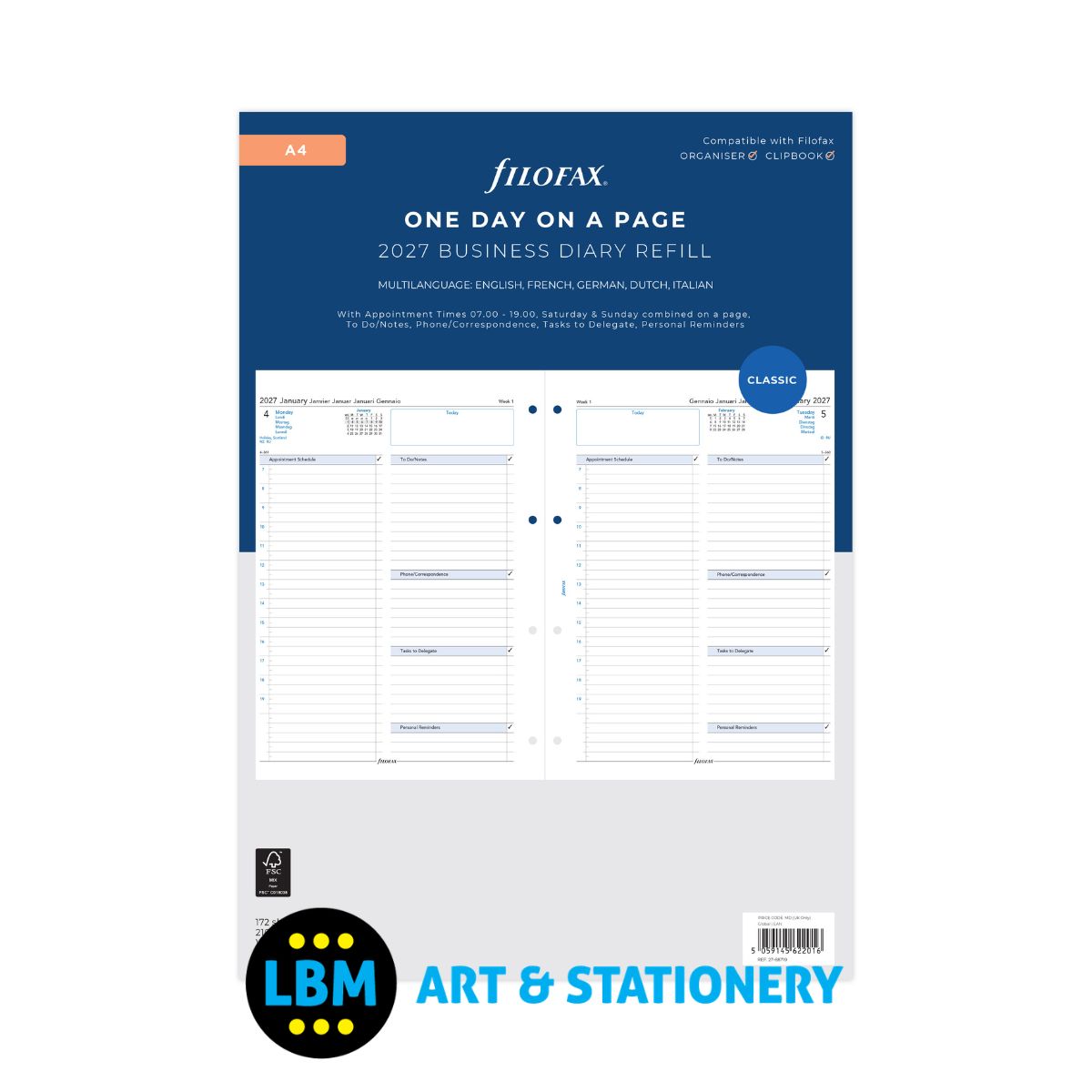 Filofax 2027 One Day On A Page Business Format Diary Refill - A4 Organiser - 27-68719