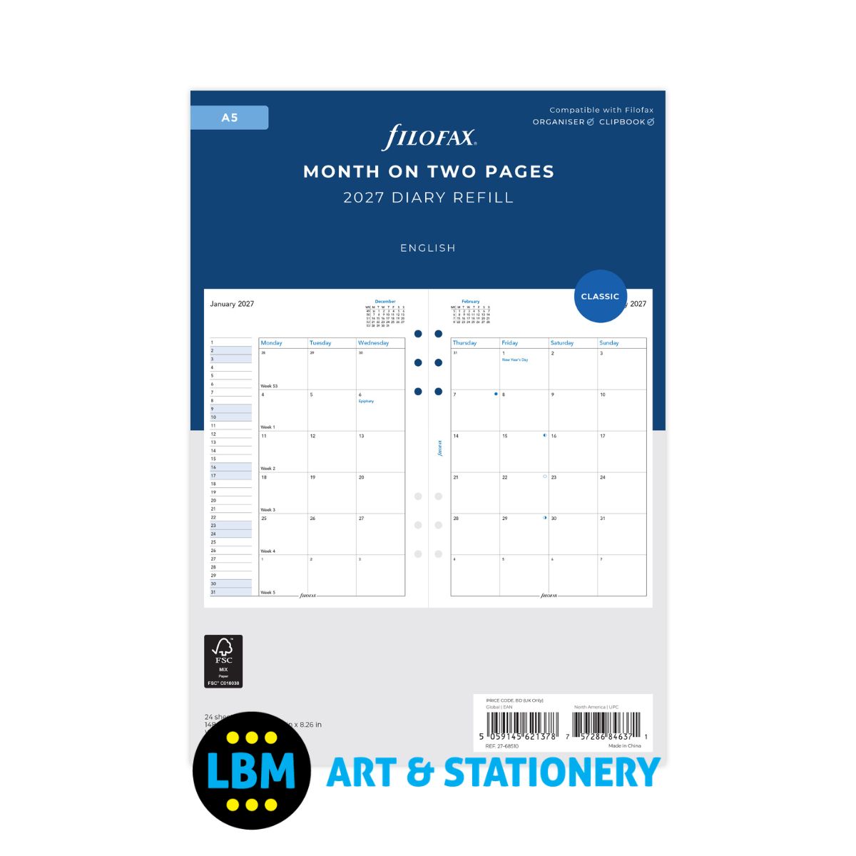Filofax - 2027 One Month On Two Pages Diary Refill - A5 Organiser 27-68510
