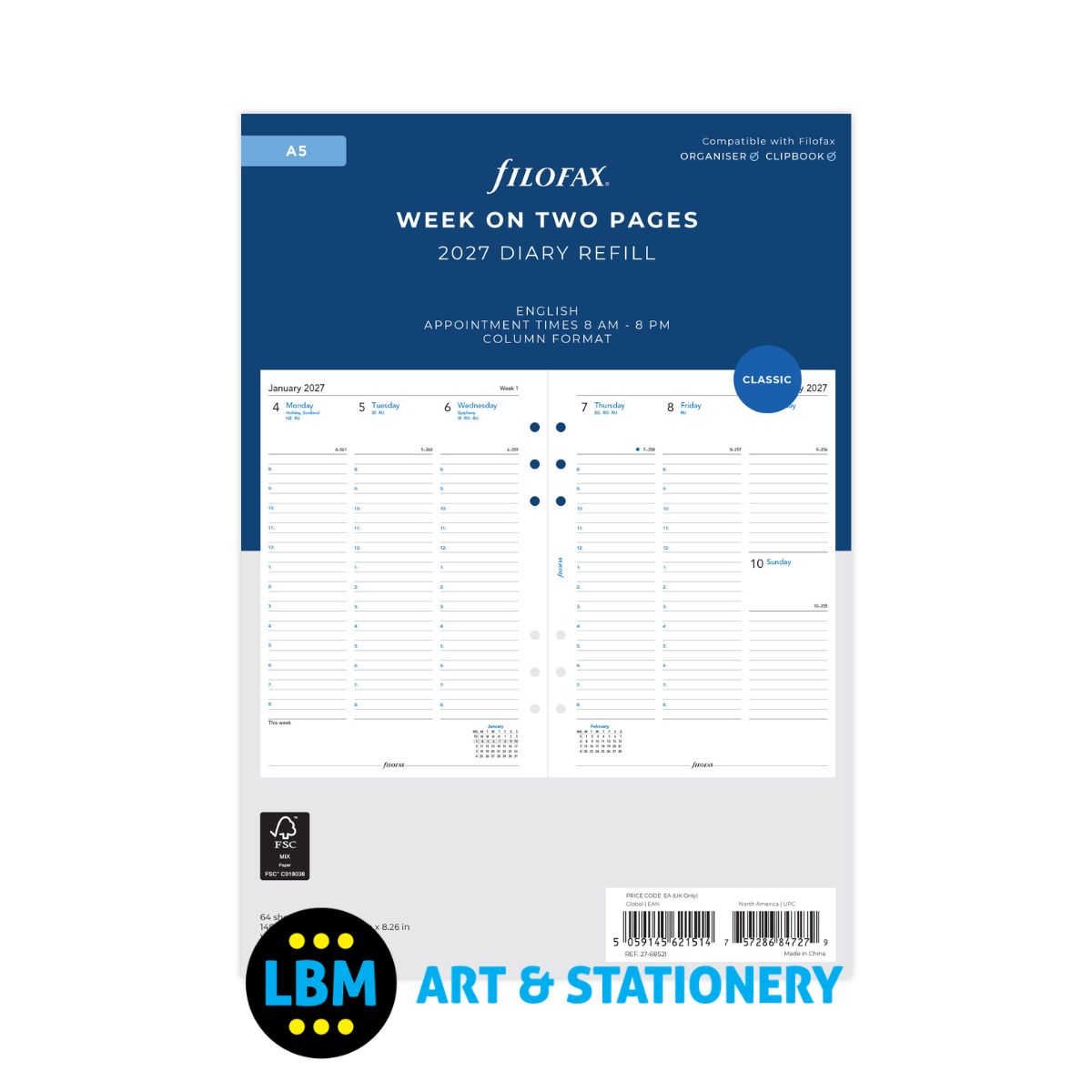 Filofax - 2027 Week On Two Pages Appointment Diary Refill - A5 Organiser - 27-68521
