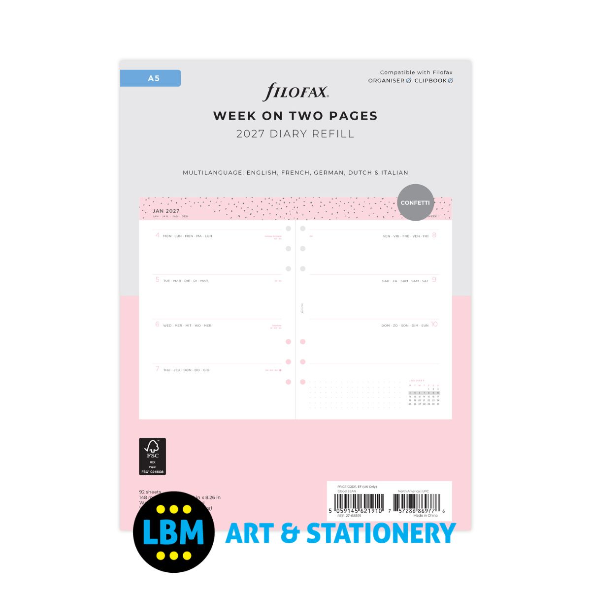 Filofax - 2027 Week On Two Pages Confetti Diary Refill - A5 Organiser - 27-68591
