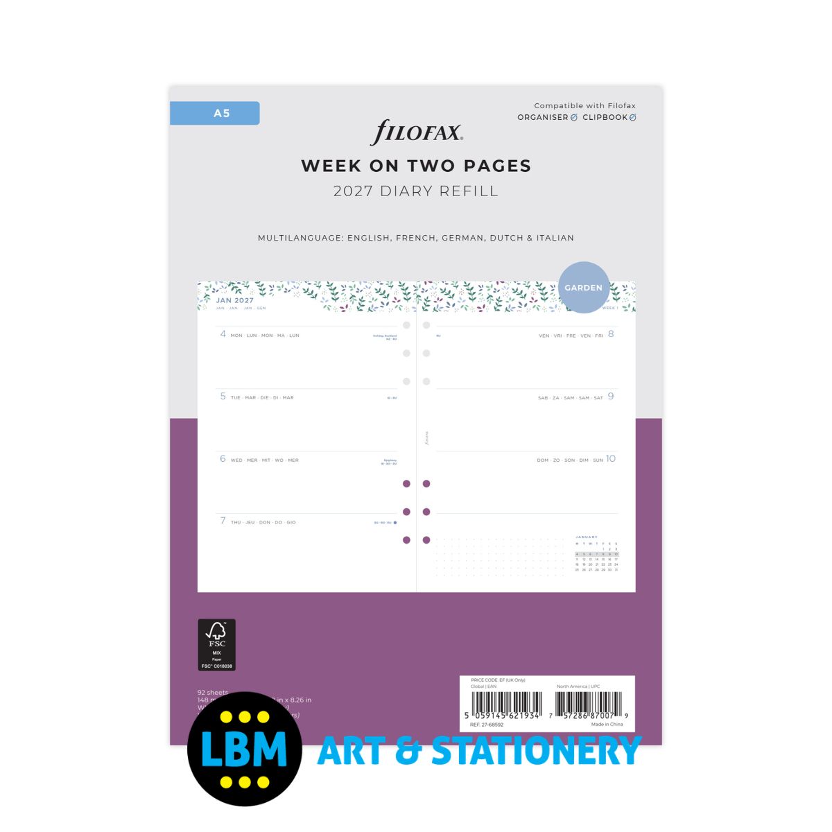 Filofax - 2027 Week On Two Pages Garden Diary Refill - A5 Organiser - 27-68592