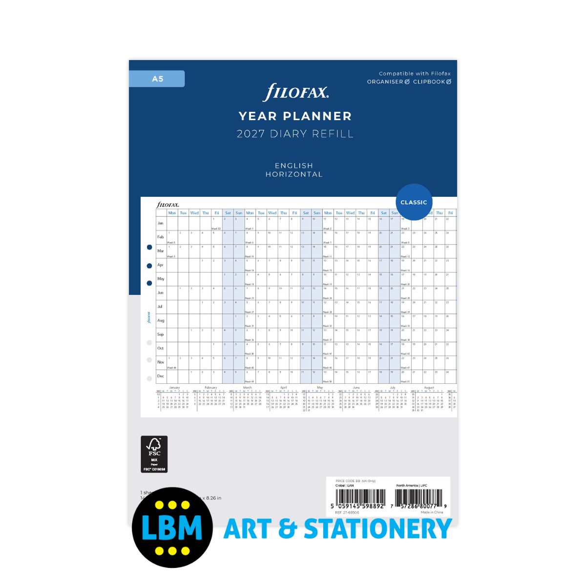 Filofax - 2027 Year Planner Horizontal Layout Diary Refill - A5 Organiser - 27-68506