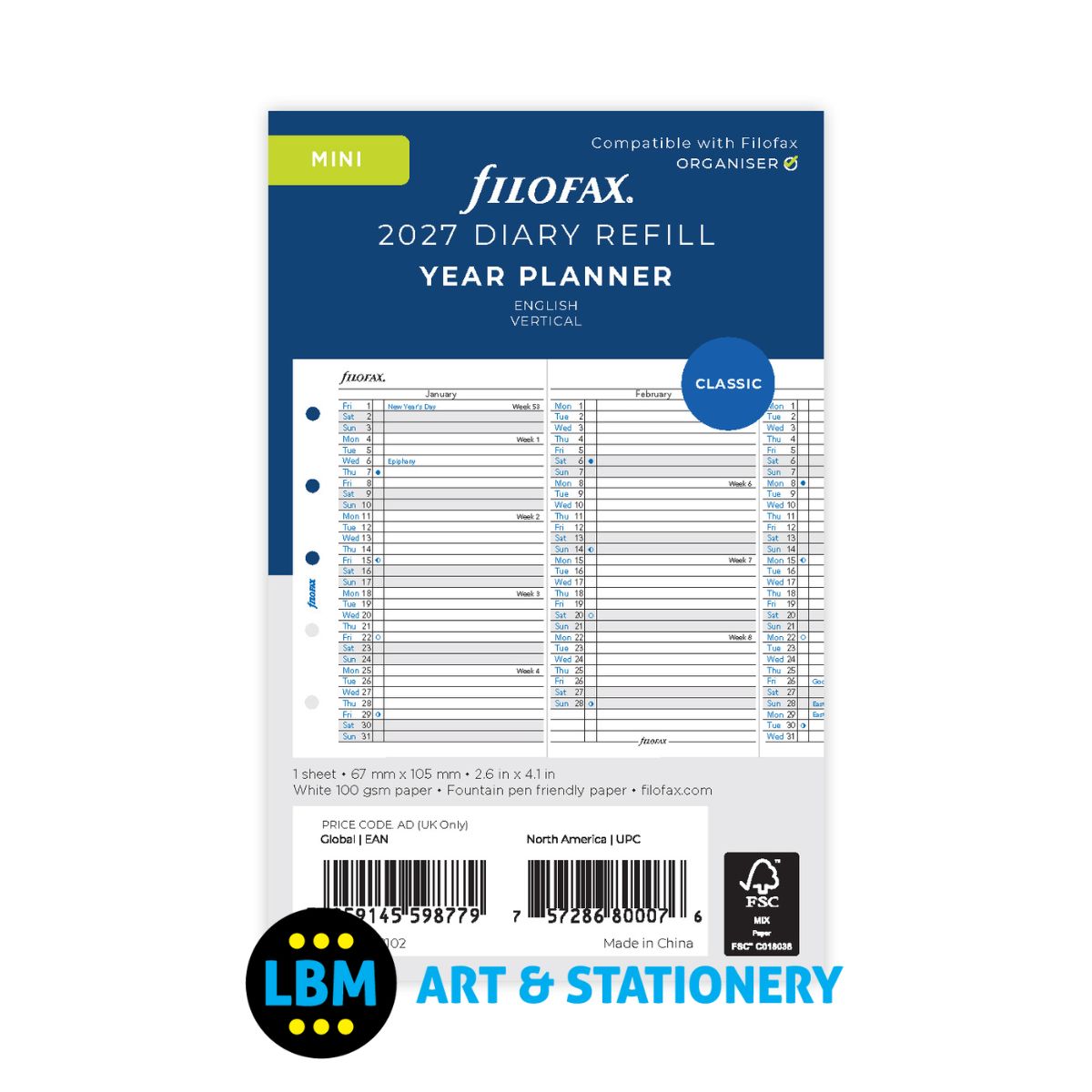 Filofax - 2027 Year Planner Vertical layout Diary Refill - Mini Organiser - 27-68102