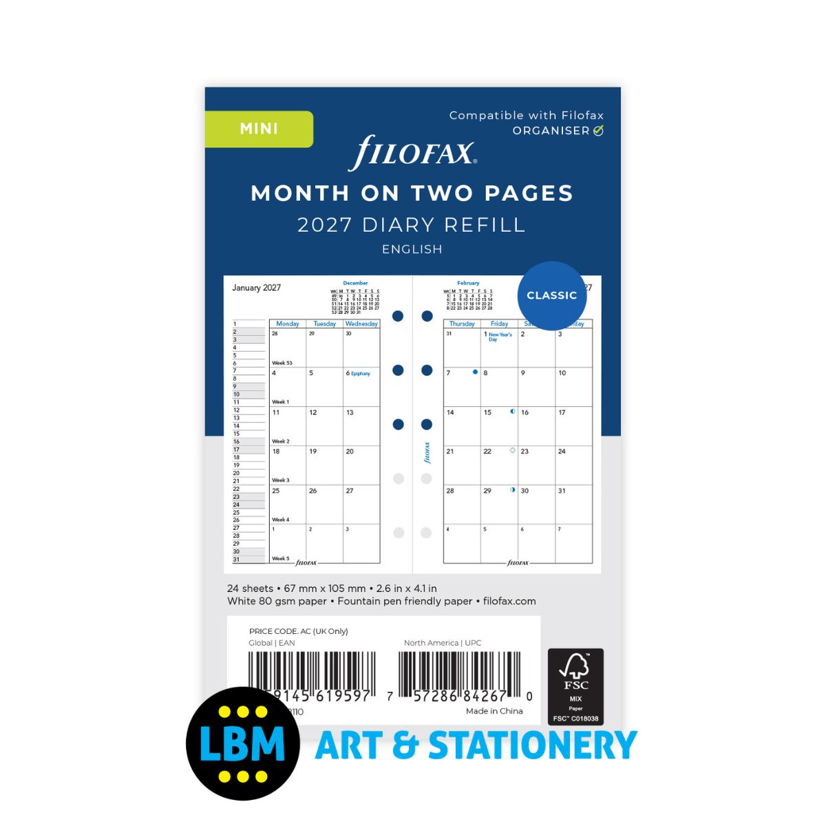 Filofax - 2027 Month On Two Pages Mini Diary Refill - Mini Organiser - 27-68110