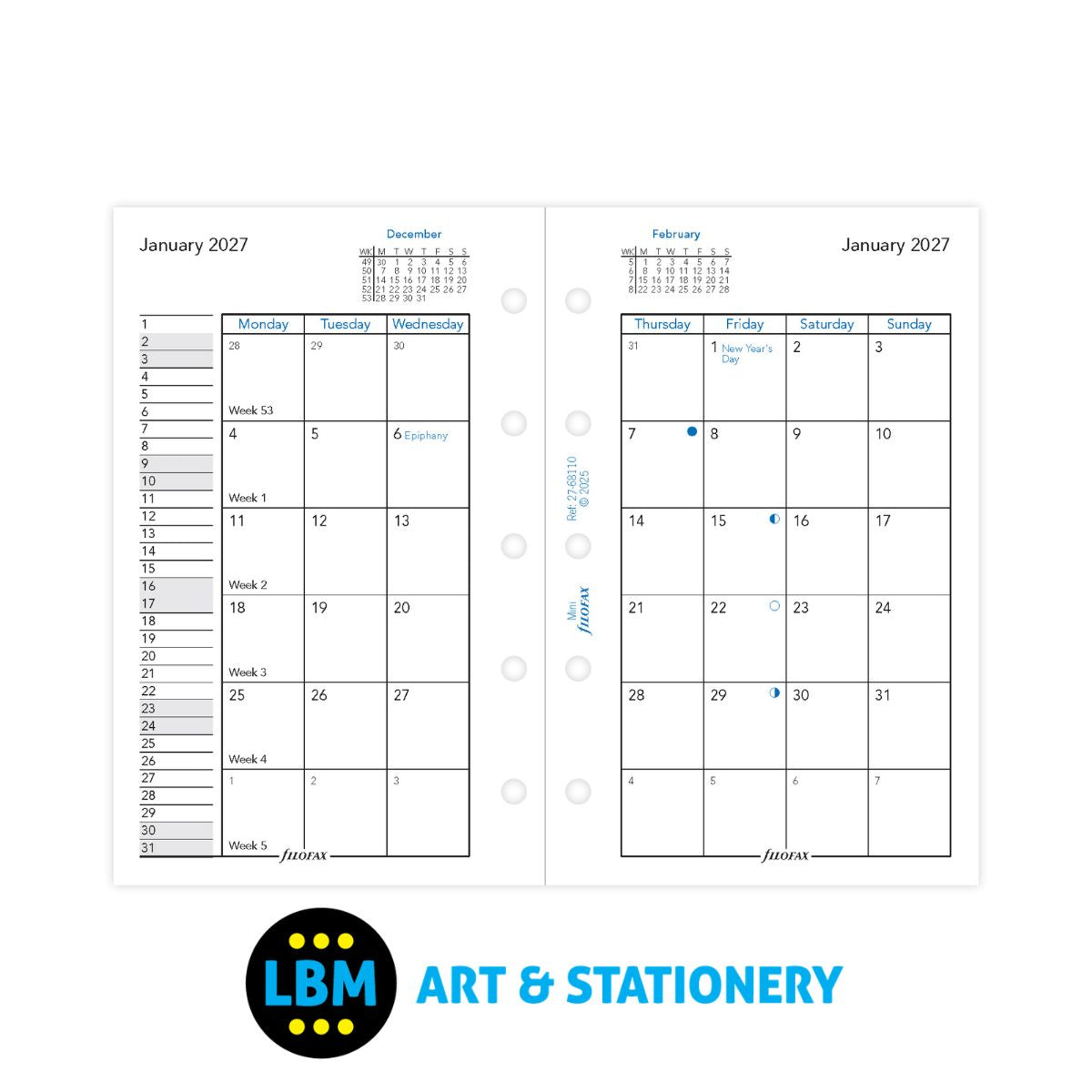 Filofax - 2027 Month On Two Pages Mini Diary Refill - Mini Organiser - 27-68110