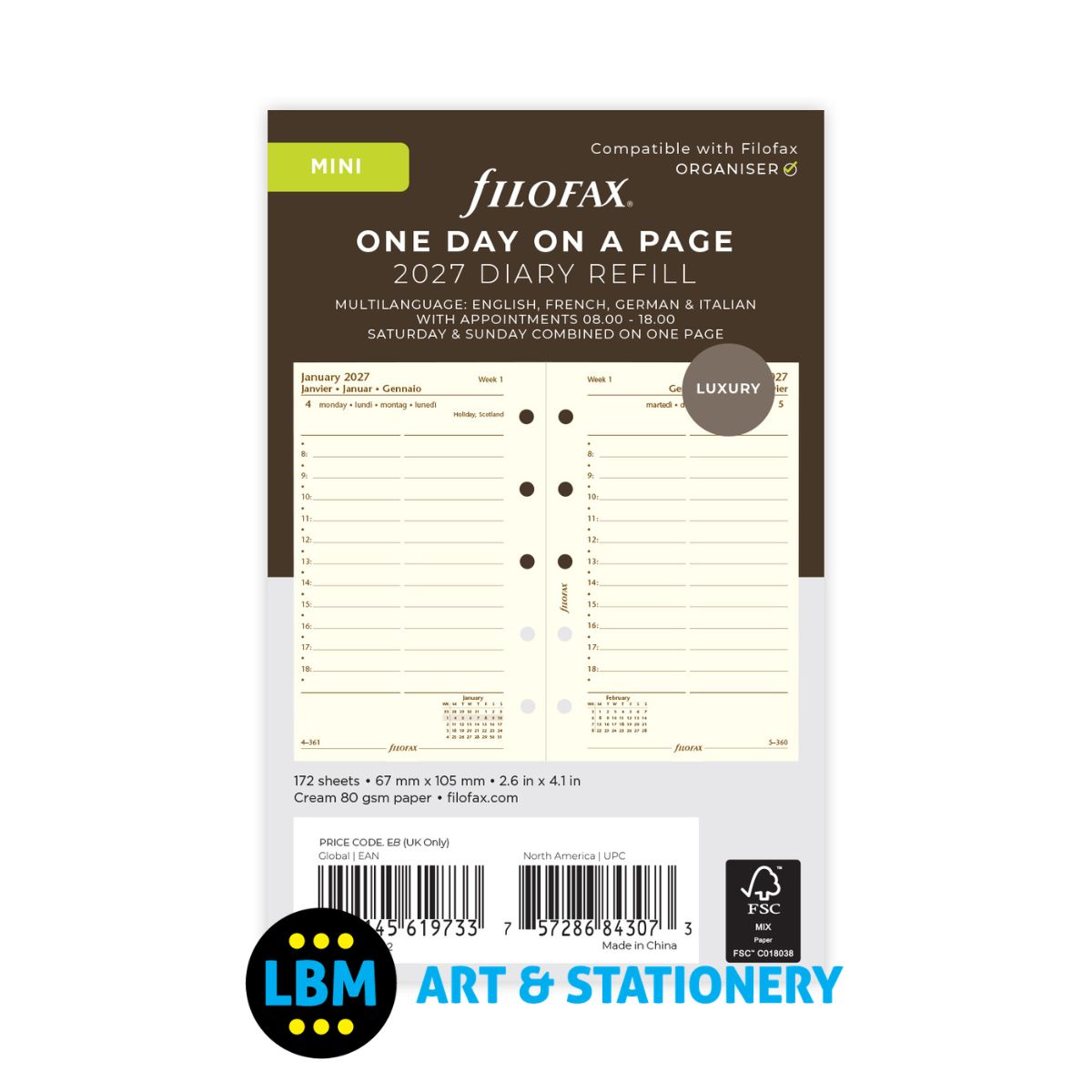 Filofax - 2027 One Day On A Page Cotton Cream Diary Refill - Mini Organiser - 27-68142