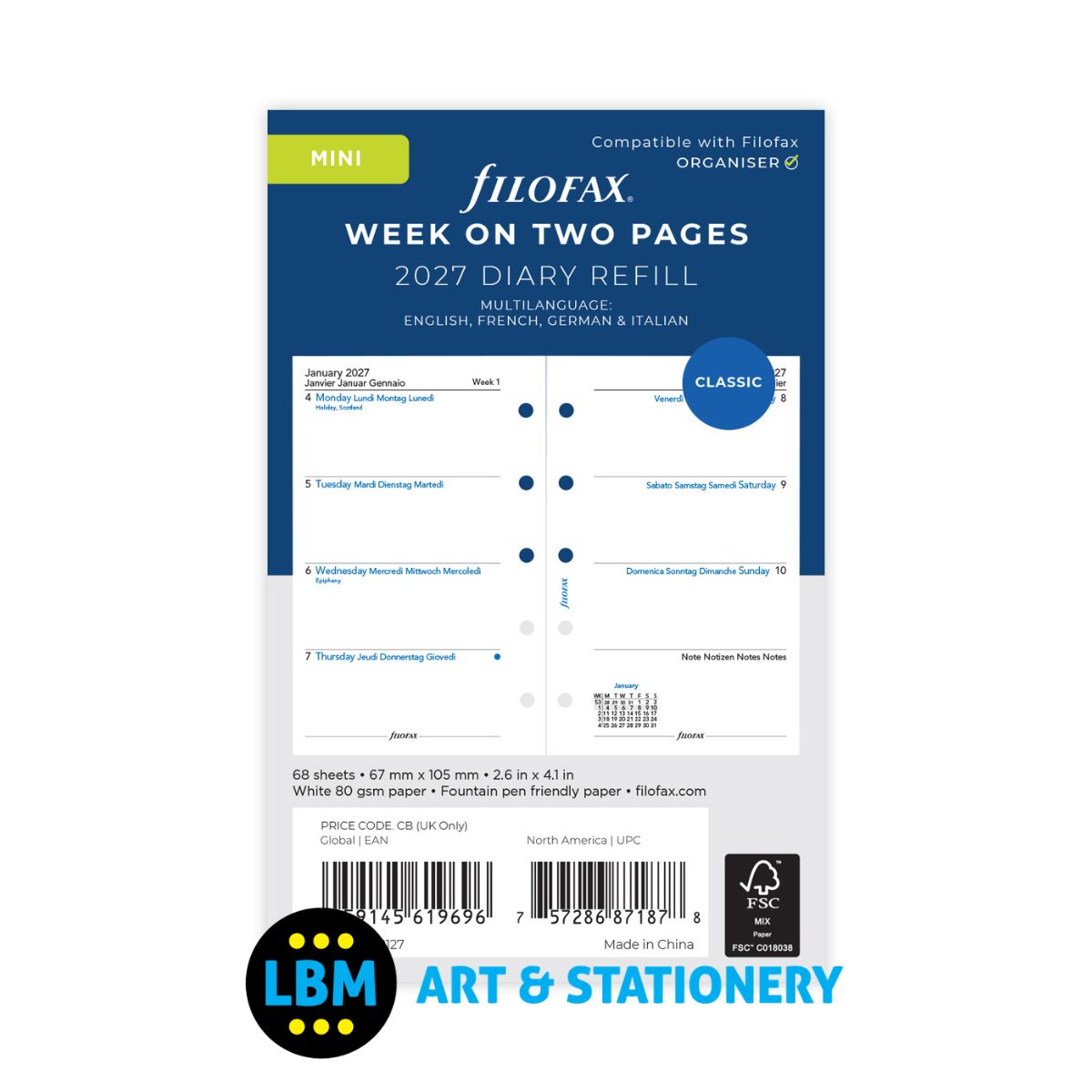 Filofax - 2027 Week On Two Pages Multi-Language Diary Refill - Mini - 27-68127