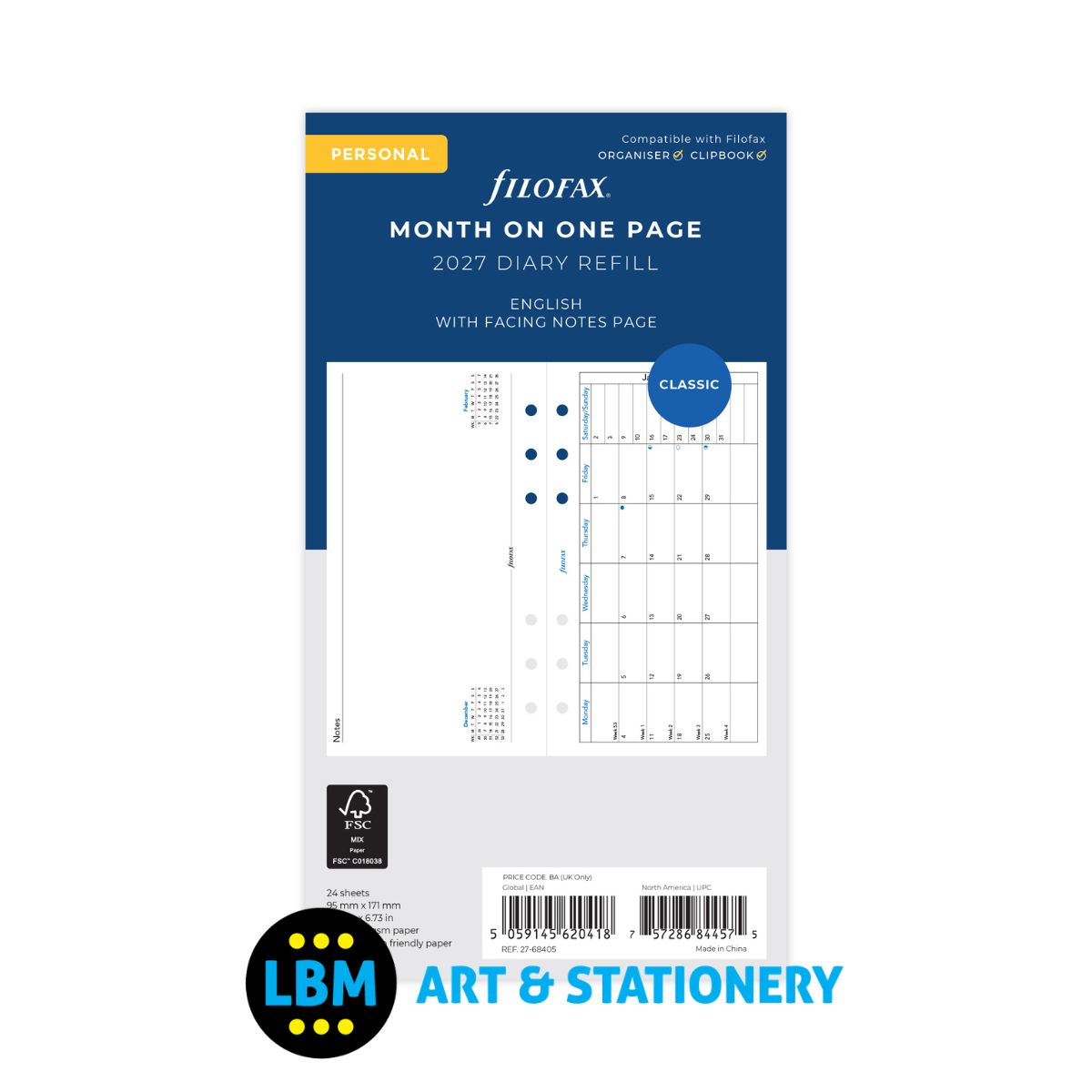 Filofax - 2027 Month On One Page with Facing Notes Diary Refill - Personal - 27-68405