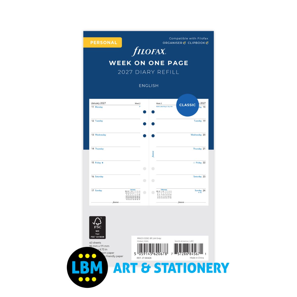 Filofax - 2027 Week On One Page Diary Refill - Personal Organiser - 27-68426