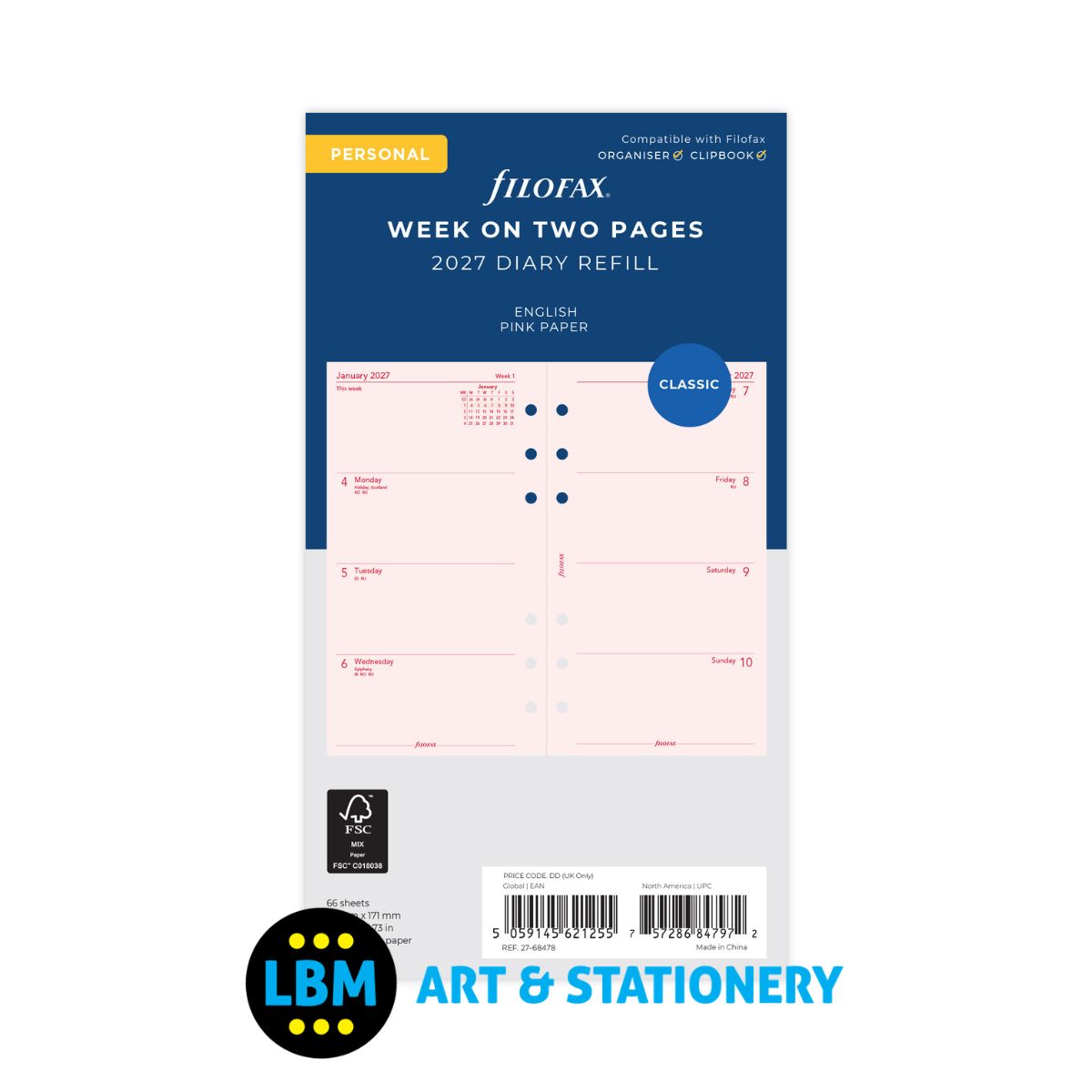 Filofax - 2027 Week On Two Pages Pink Diary Refill - Personal Organiser - 27-68478