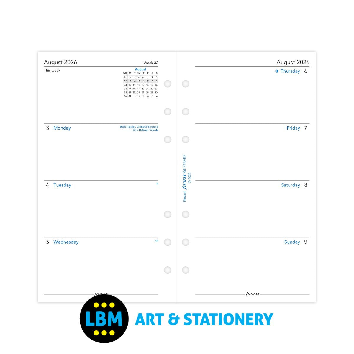 Filofax - 2026-2027 Mid Year Academic Week On Two Pages Diary Refill - Personal - 27-68452
