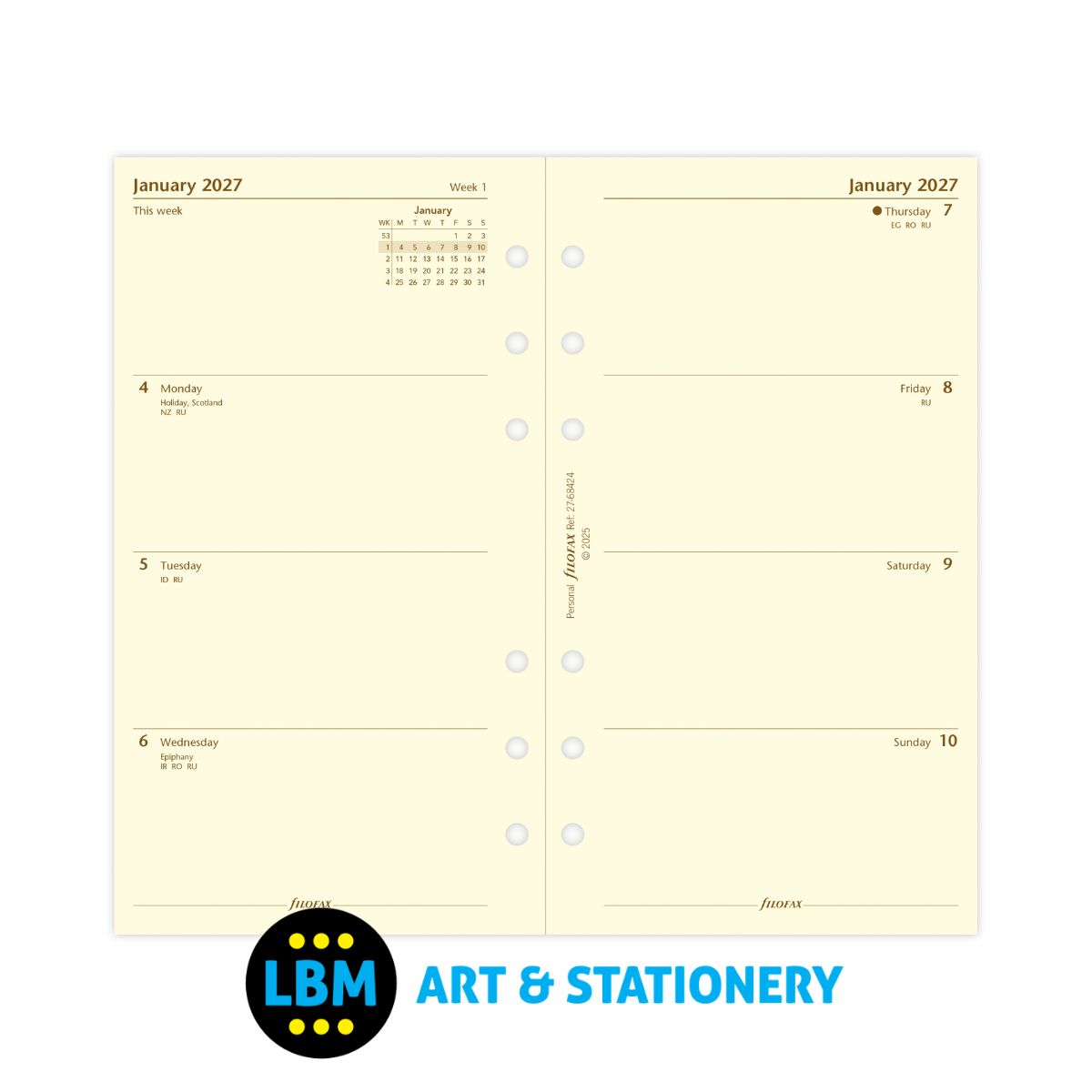 Filofax - 2027 Week On Two Pages Cotton Cream Diary Refill - Personal Organiser - 27-68424