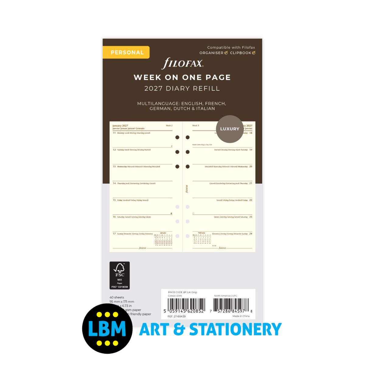 Filofax - 2027 Week On One Page Cotton Cream Diary Refill - Personal Organiser - 27-68439