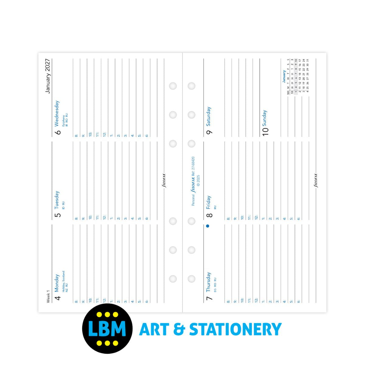 Filofax - 2027 Week On Two Pages Horizontal Layout Diary Refill - Personal Organiser - 27-68420