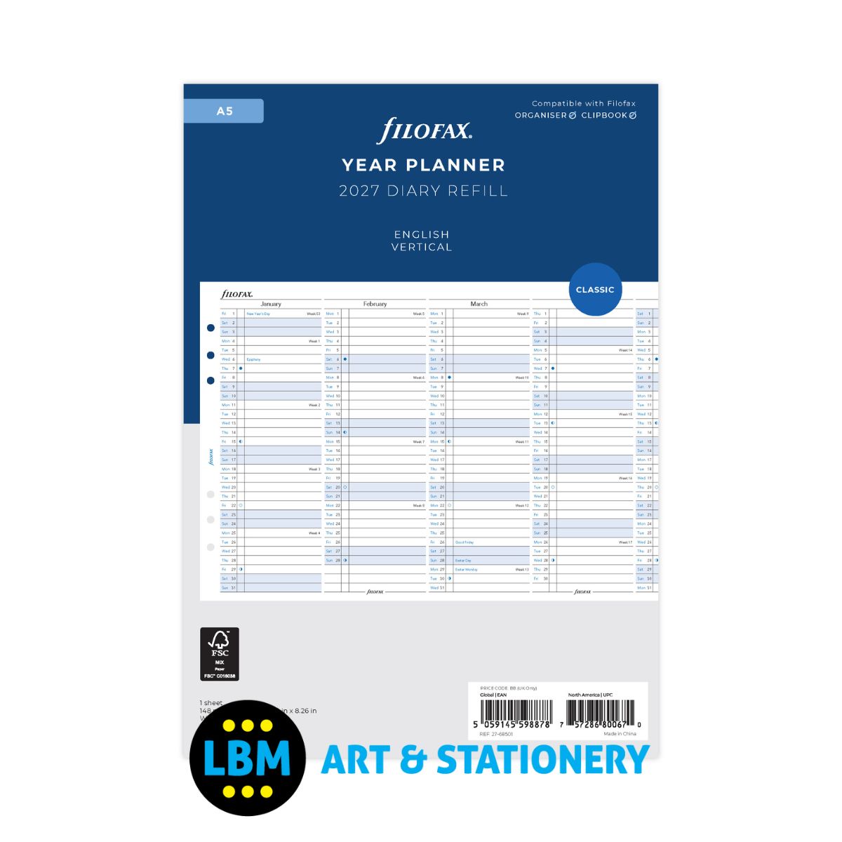 Filofax - 2027 Year Planner Vertical Layout Diary Refill - A5 Organiser - 27-68501